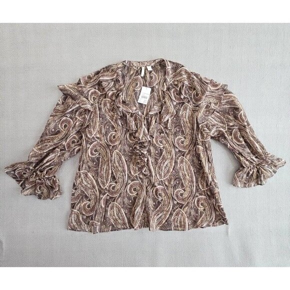 Cato Tops - Cato Tunic Women's Size 14/16W Brown Paisley Metallic NWT Ruffles Flutter
